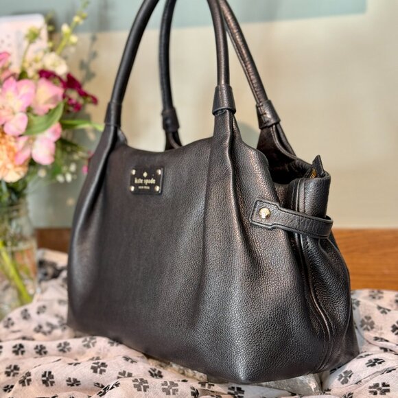 KATE SPADE Black Leather Shoulder Bag - Classic Hobo Satchel 2000s-2010s - Picture 3 of 14